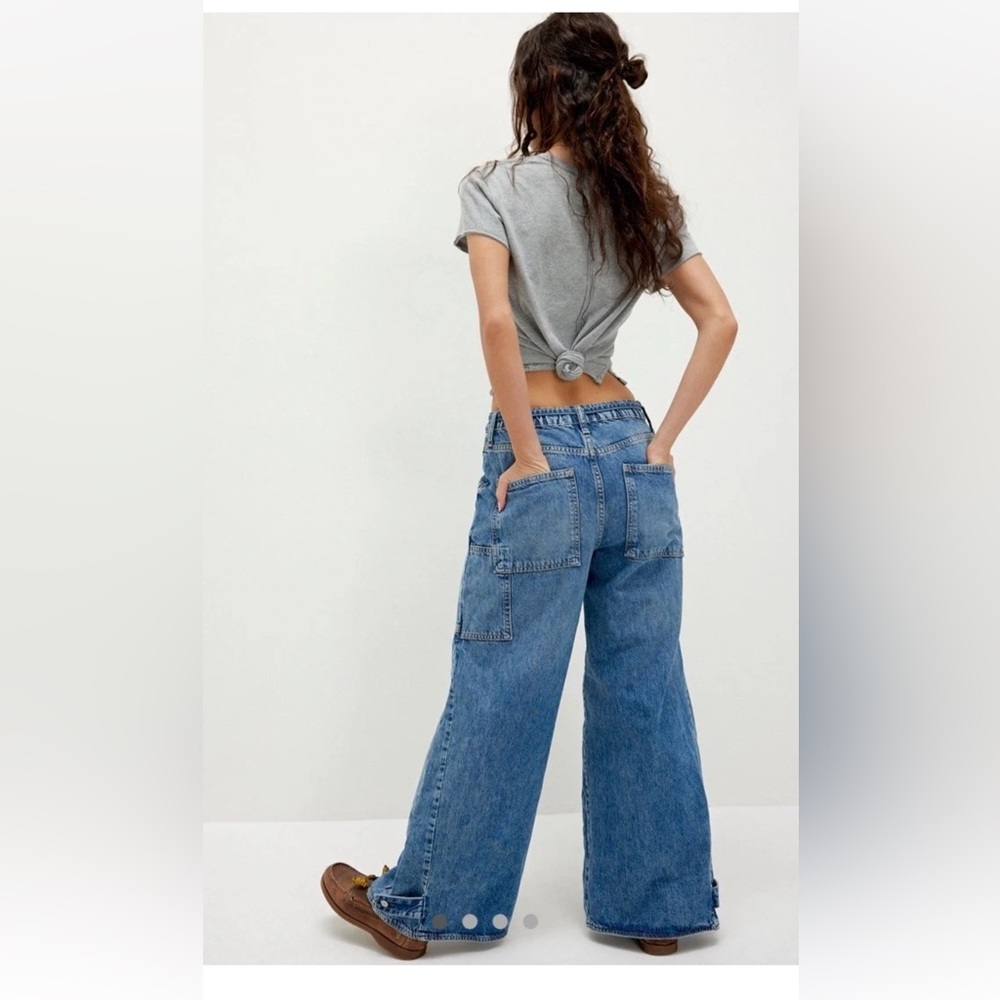 Free People Crvy Wide Leg Jeans We The Free Distressed Pockets Belted Blue